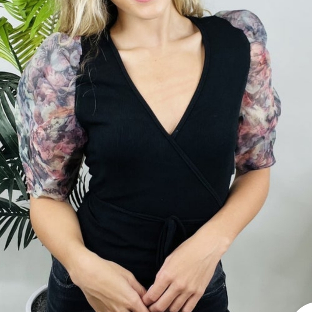 Beautiful Black Wrap-around Top with Floral Puffy sleeves. Size M  Entro Brand